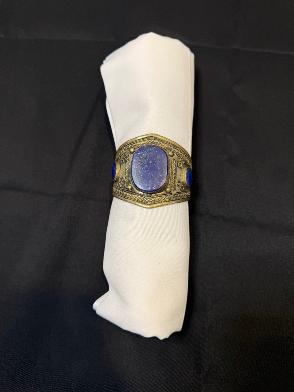 Vintage Bronze & Lapis Lazuli Cuff Bracelet – 3 Stone Statement Jewelry - 7"
